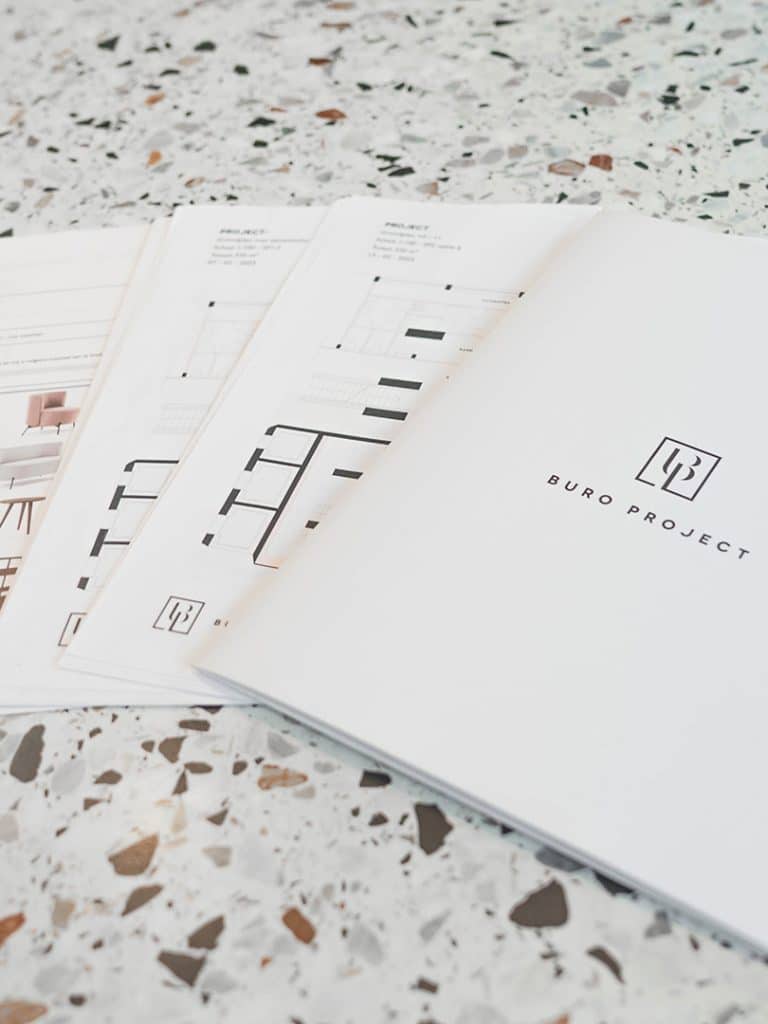Projectdocumenten van Buro Project met ontwerpen voor kantine-inrichting