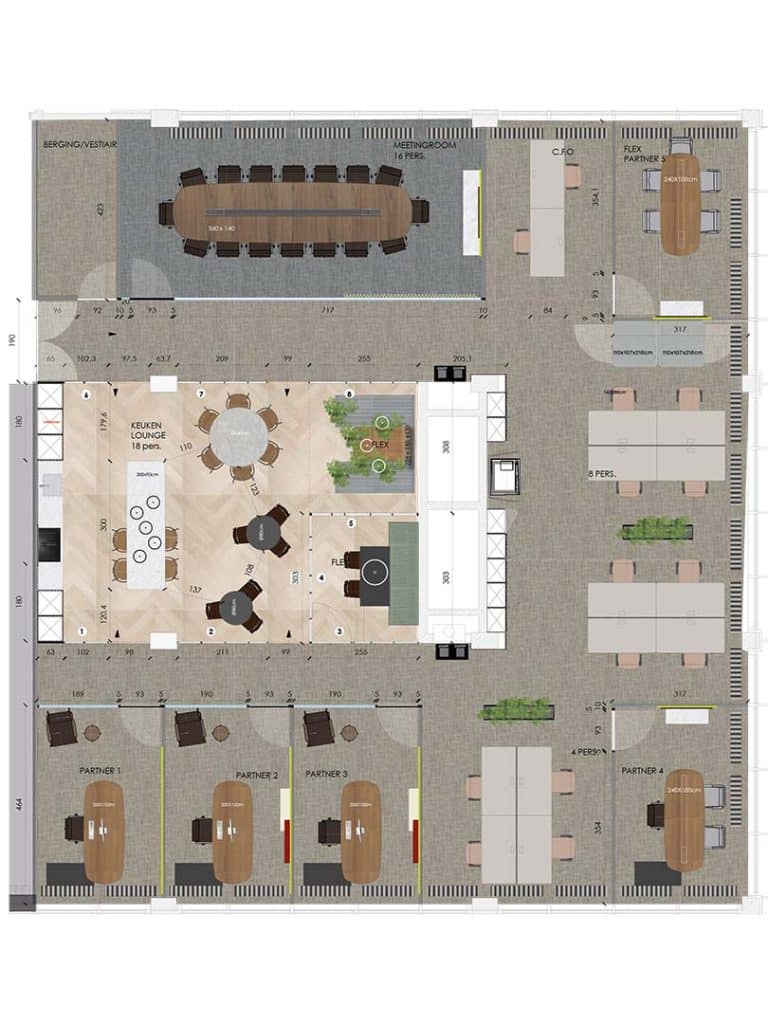 Plattegrond met open eetruimte en ontmoetingszones op kantoor