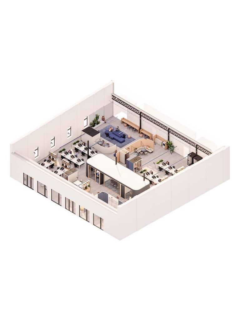 3D-ontwerp van een moderne coworkingruimte met werkplekken en vergaderruimtes