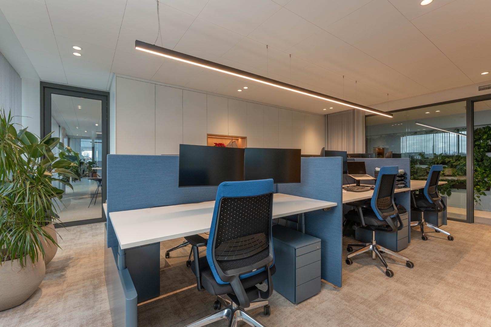 Ergonomisch ingerichte werkplekken met bureauschermen en verstelbare stoelen in een rustige kantooromgeving